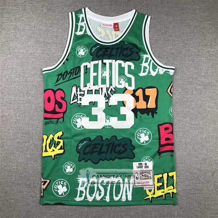 Camiseta Boston Celtics Larry Bird NO 33 Slap Sticker Mitchell & Ness 1985-86 Verde